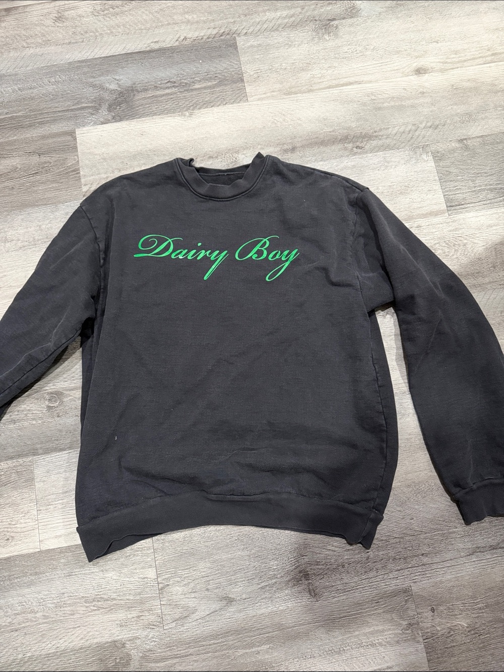 Dairy Boy Black Crewneck Sweater with Green Script